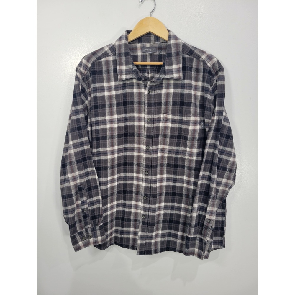 Eddie Bauer Mens XXL Grey Black Plaid Flannel Shirt Long Sleeve Cotton Button Up